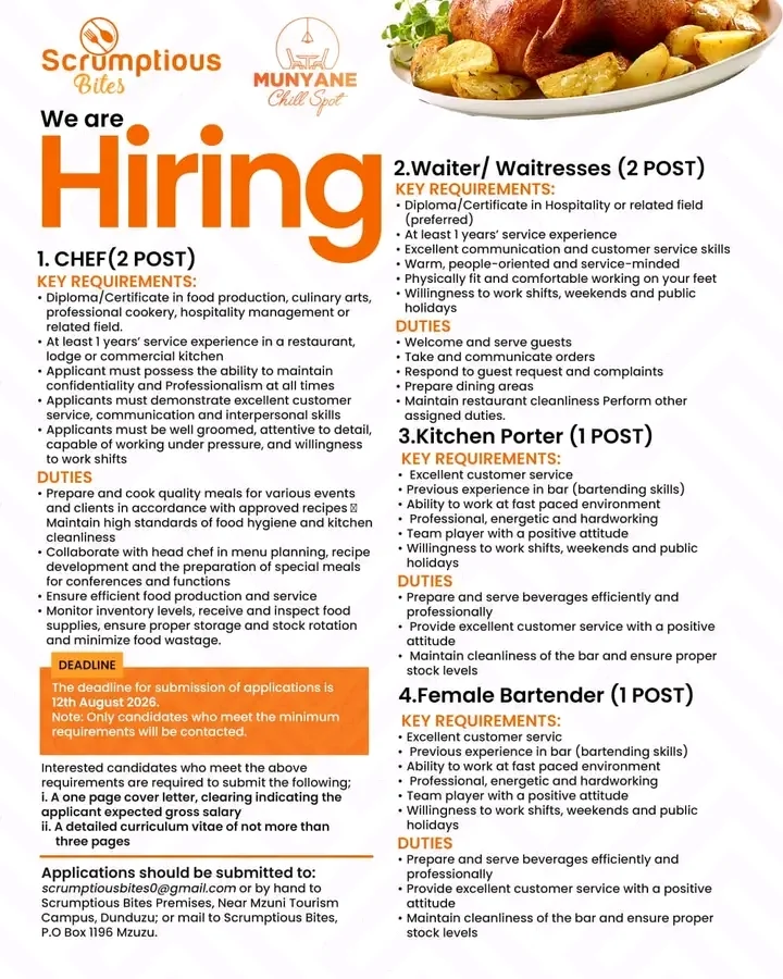 Multiple Positions: Chef, Waiter/Waitress, Kitchen Porter & Female Bartender