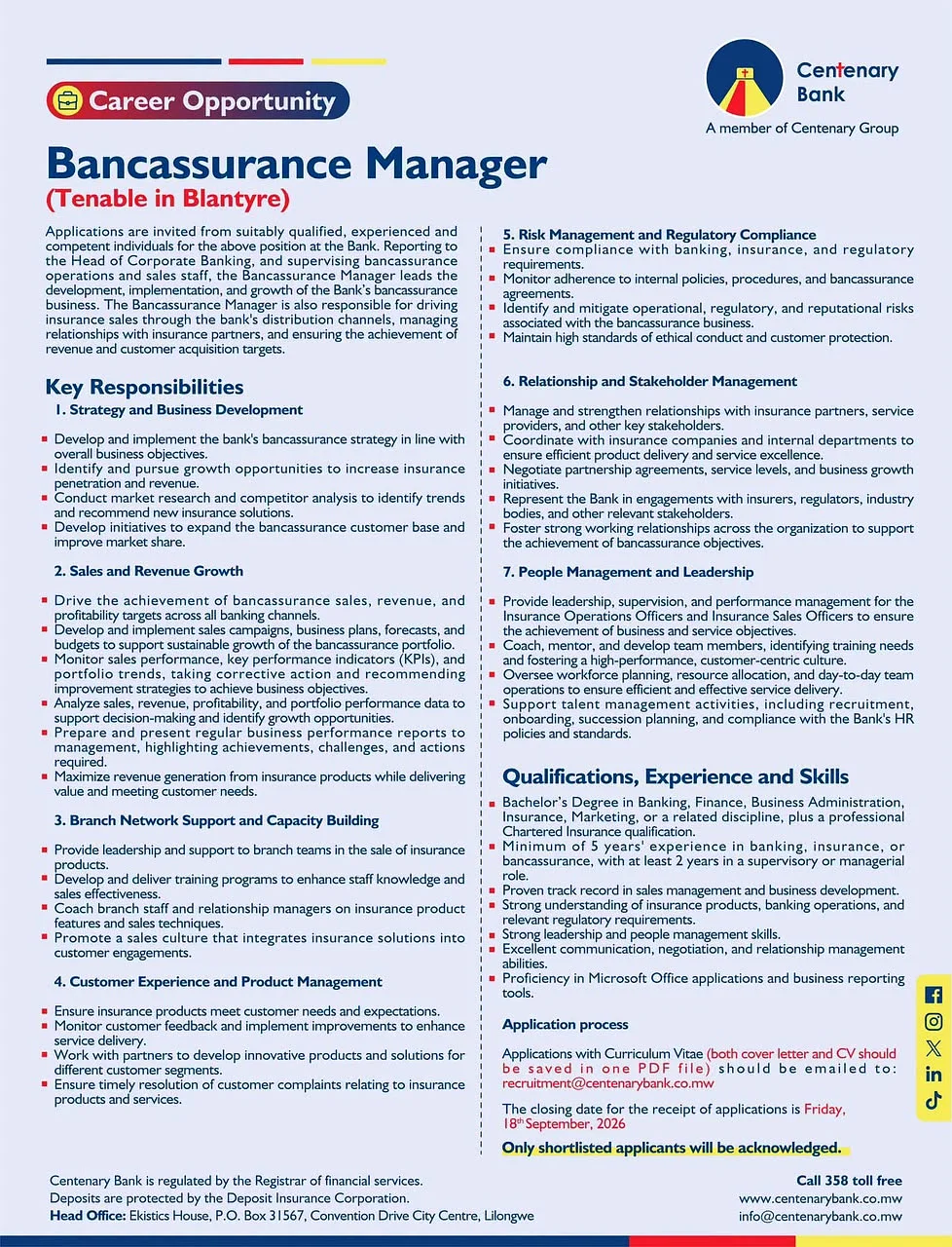 Bancassurance Manager