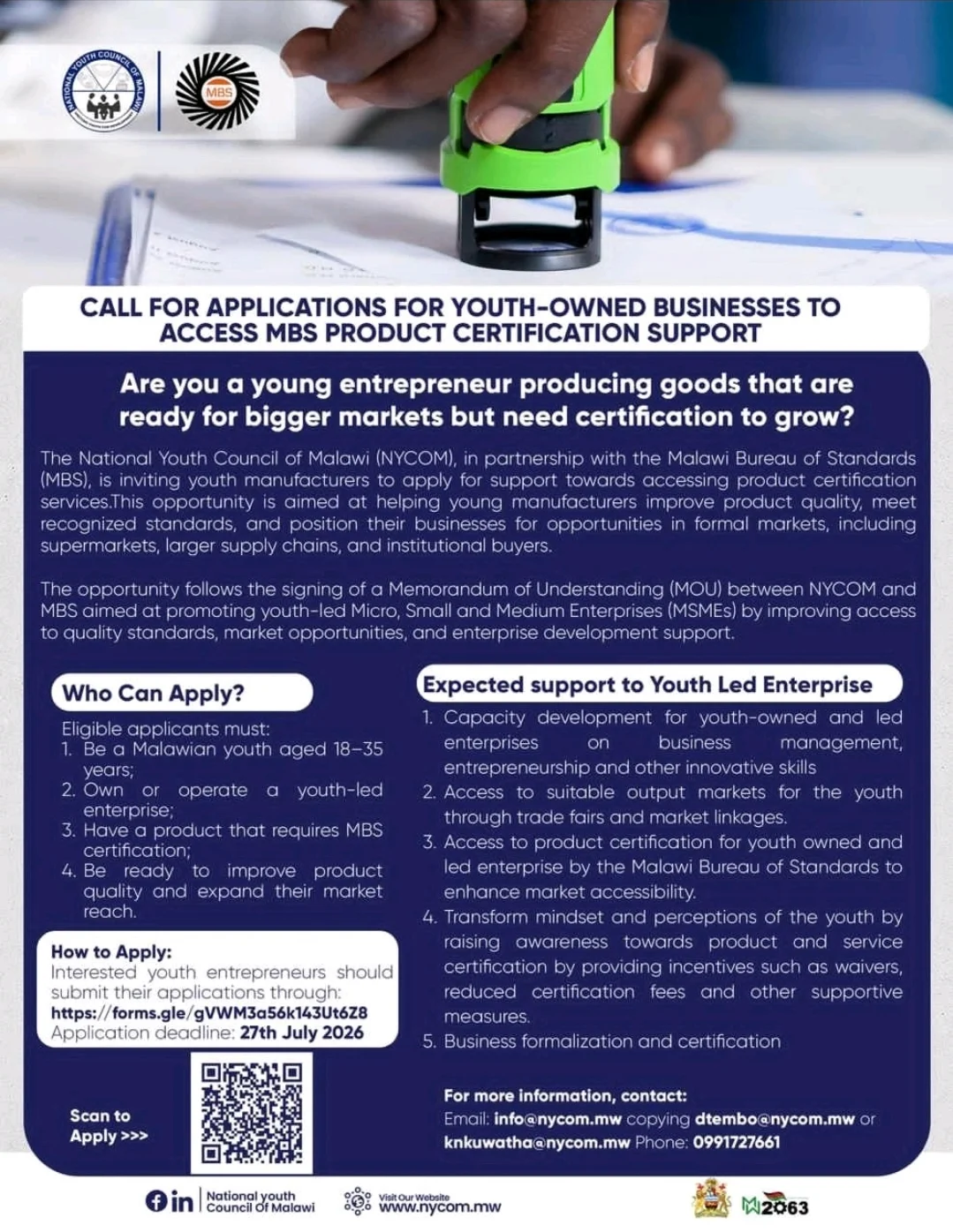 CALL FOR APPLICATIONS FOR YOUtH-OWNED BUSINESSES TO ACCESS MBS PRODUCT CERTIFICATION SUPPORT